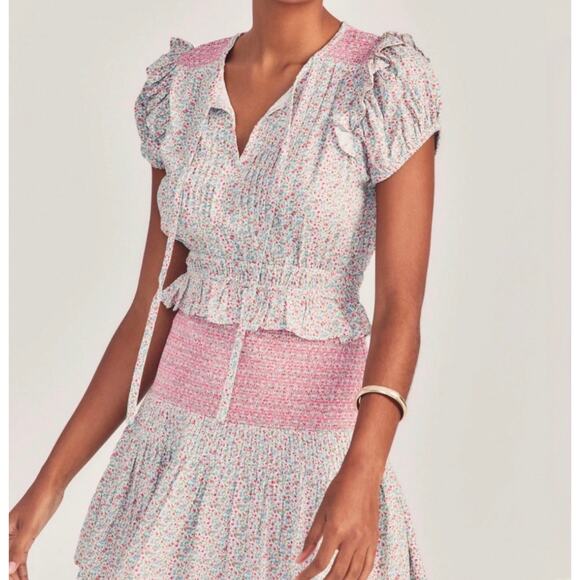 LoveShackFancy NWT Toto Pink Floral Smocked Cottagecore Mini Dress size Small - Picture 2 of 16